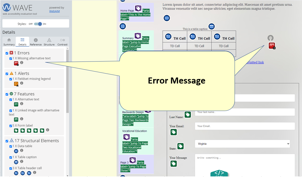 WAVE Test Results for The Contact Us Page