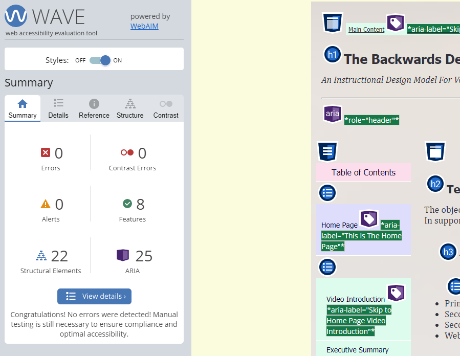 WAVE Test Results for Test Report Page