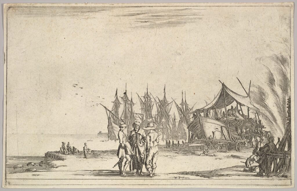 Three men talking with Ship Repairs Behind Them